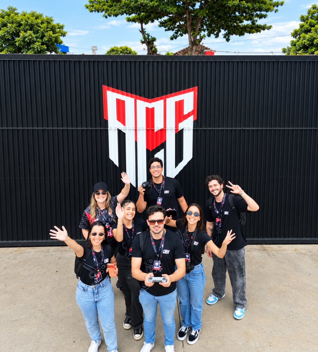 Equipe da Agência Izzy reunida diante do portão do Atlético Goianiense